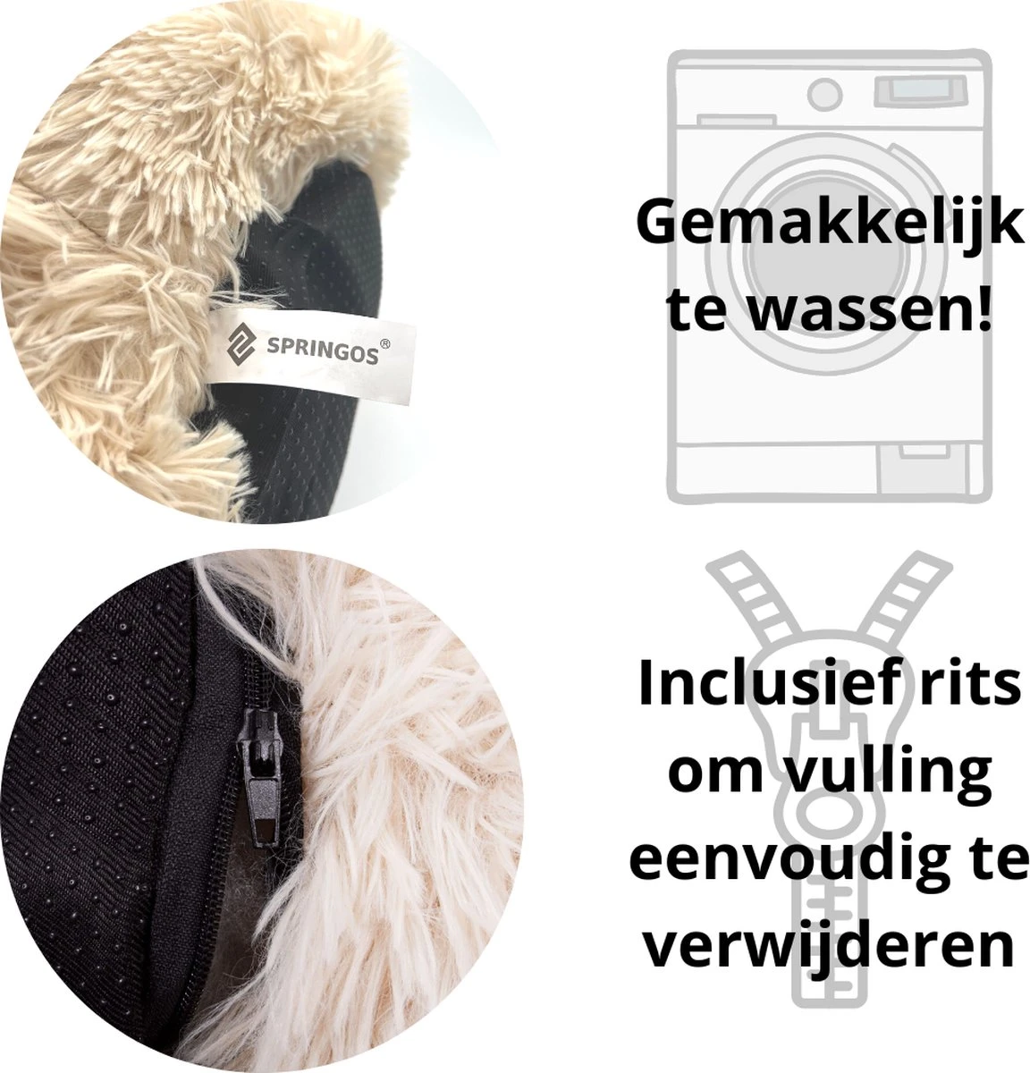 Springos Hondenmand | Superzacht En Luxe | Wasbaar | Donut | Fluffy | Hondenkussen | 60 Cm | Beige - Afbeelding 2