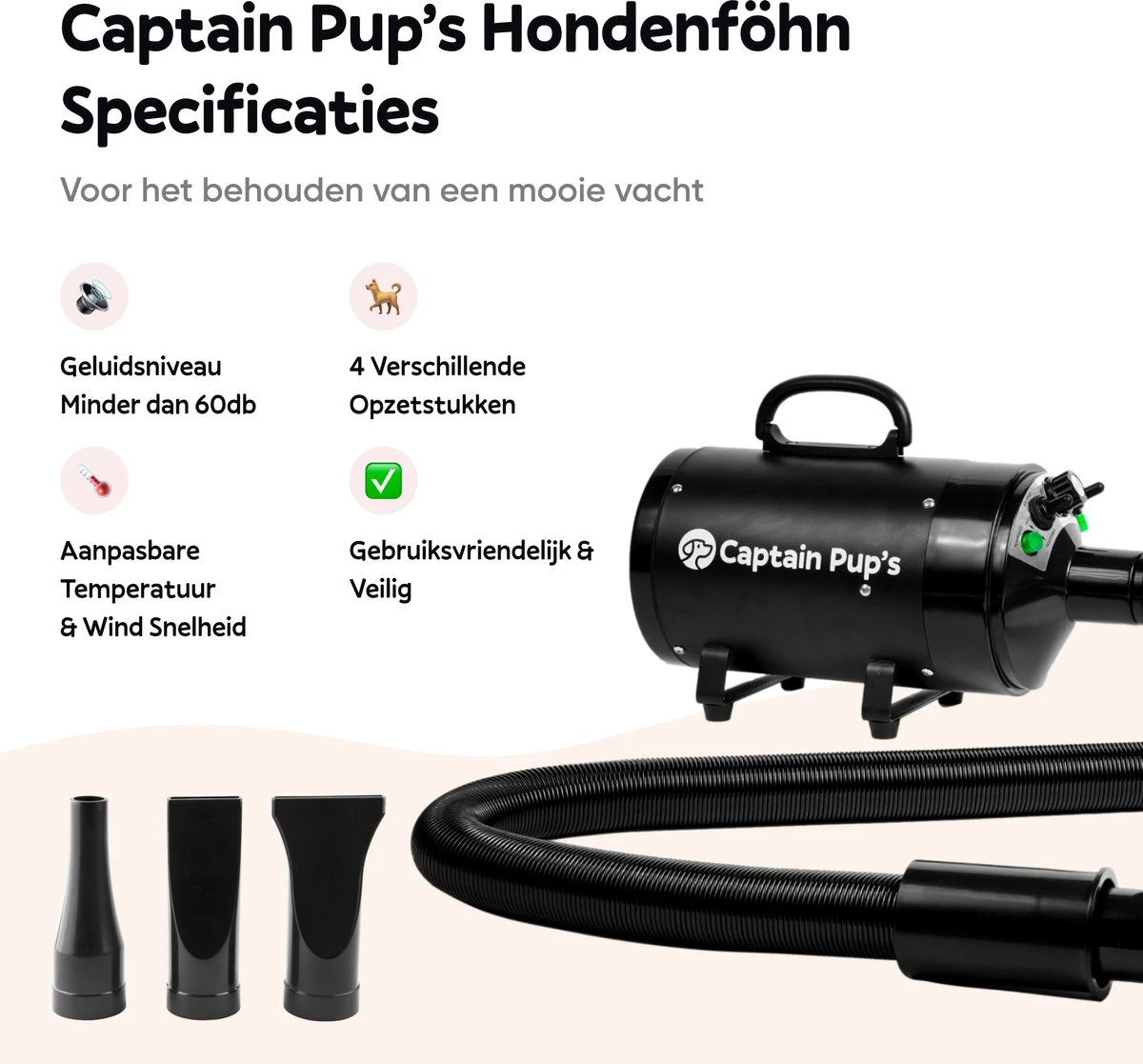 Captain Pup's Professionele Hondenföhn Met 4 Opzetstukken - Bijgeleverde Hondenborstel - Waterblazer Voor Honden - Zwart - Afbeelding 3