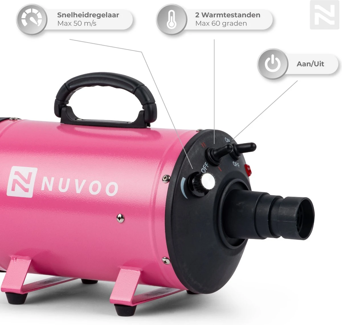 Nuvoo Professionele Hondenföhn / Waterblazer / Hondenborstel Met 3 Opzetstukken - Verstelbare Vermogen Tot 2200W - Warme / Koude Stand - Roze - Afbeelding 3