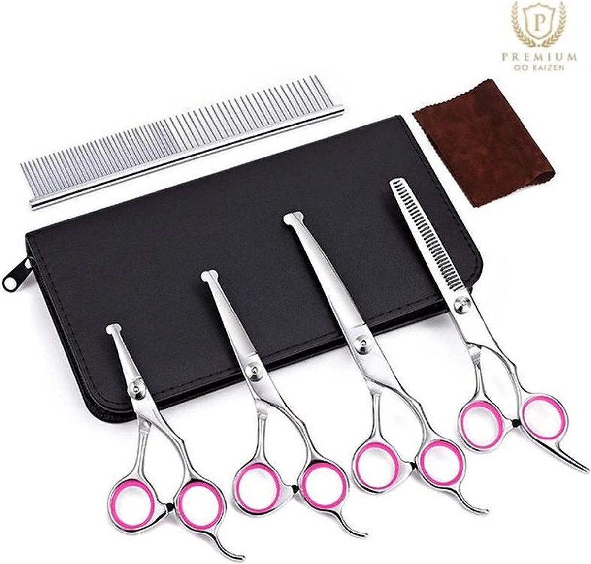 Professionele Hondenscharen Set - Extra Veilige Grooming Set - Trimscharen Voor Honden - Knipschaar - Effileerschaar / Uitdunschaar - Gebogen Schaar Met Ronde Punt - Precisieschaar - Hondenverzorging - Inclusief Kam, 2 Haarclips En Luxe Opbergdoos