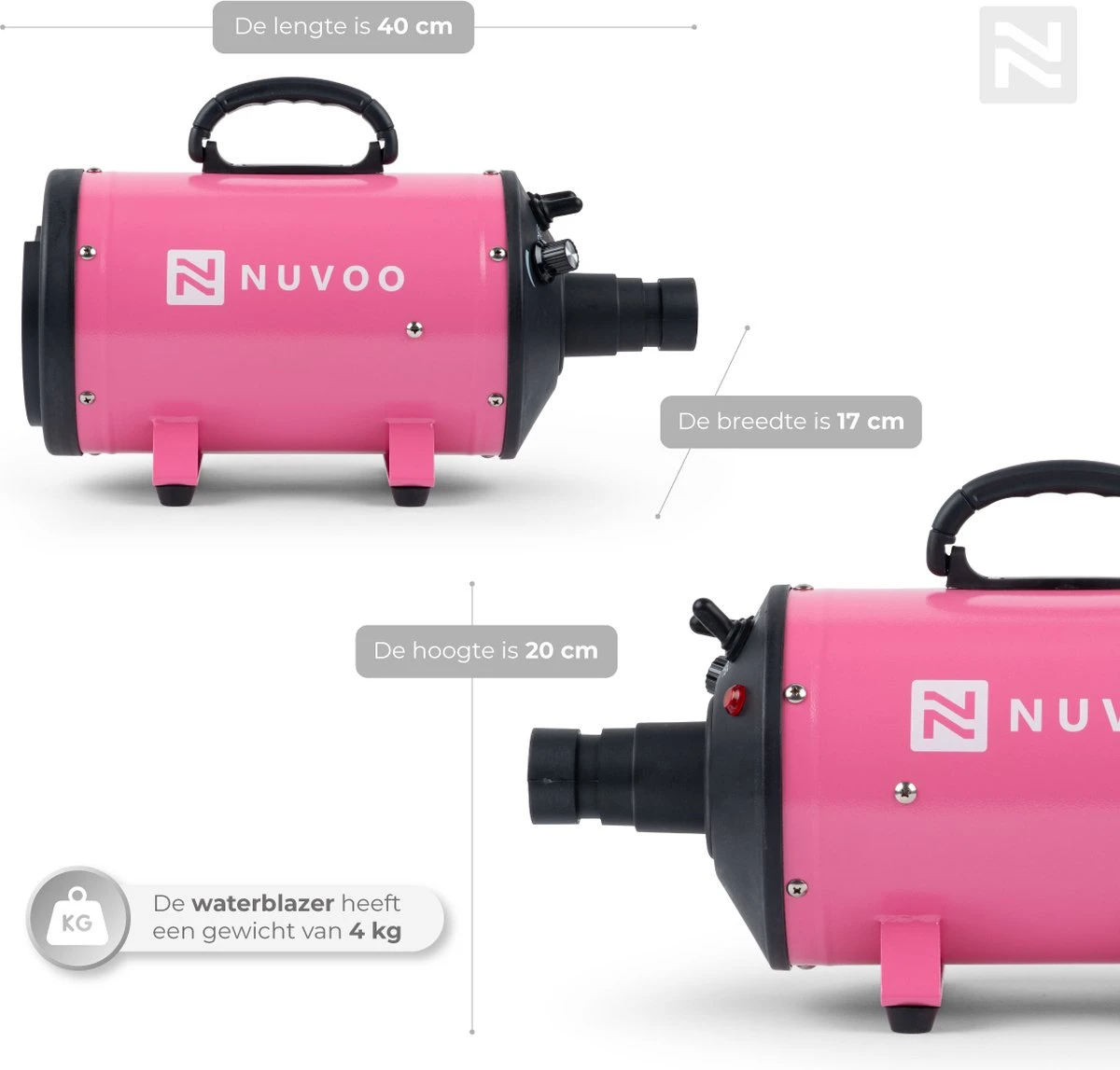 Nuvoo Professionele Hondenföhn / Waterblazer / Hondenborstel Met 3 Opzetstukken - Verstelbare Vermogen Tot 2200W - Warme / Koude Stand - Roze - Afbeelding 2