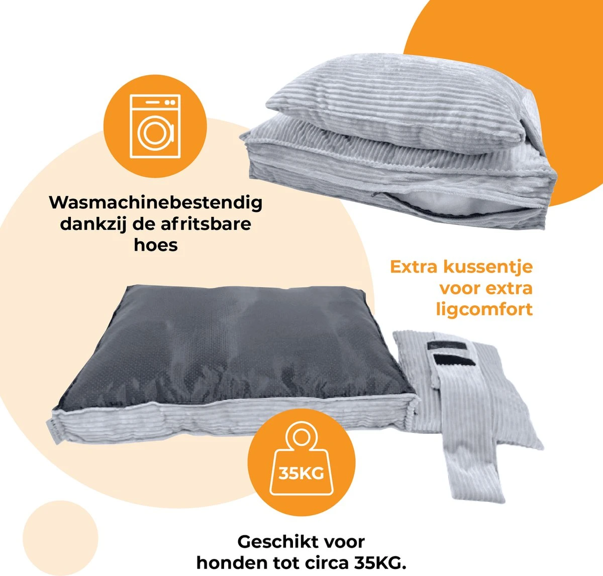 Orthopedisch Hondenkussen Grijs - Hondenmand Ribstof Premium L - Luxe Hondenbed 100x70cm - Grijs Tot 40 KG - Afbeelding 2
