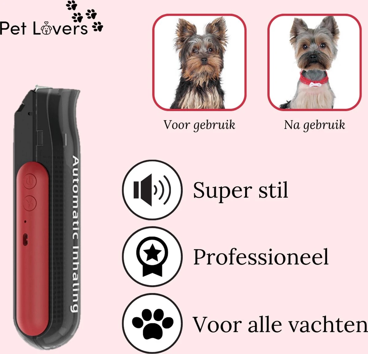 Pet Lovers - Hondentondeuse - Hondentondeuse - Automatische Inhalerende Haren - Dierentondeuse - Hondentrimmer - Hondentondeuse Dikke Vacht - Tondeuse Voor Honden - Hondentondeuse - Draadloos - 2 Opzetkammen - Honden En Katten Tondeuse - Afbeelding 2