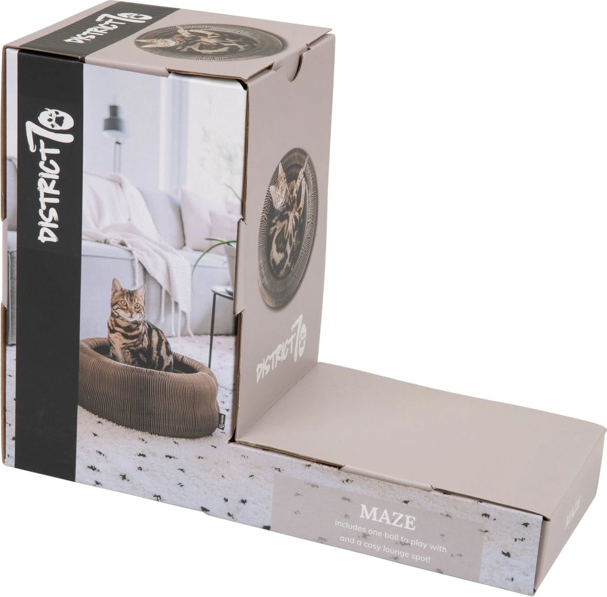 District 70 MAZE 3-in-1 Opvouwbare Kartonnen Kattenmand - Inclusief Catnip Balletje - Voor Slapen, Spelen En Krabben! - Afbeelding 11