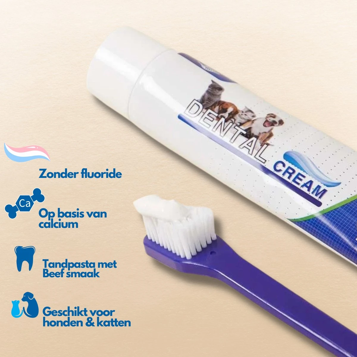 Hond En Kat Tandenborstel Verzorgingsset - Inclusief Tandpasta Met Beefsmaak - Vier Unieke Reinigingsborstels - Fluoride Vrij - Afbeelding 2