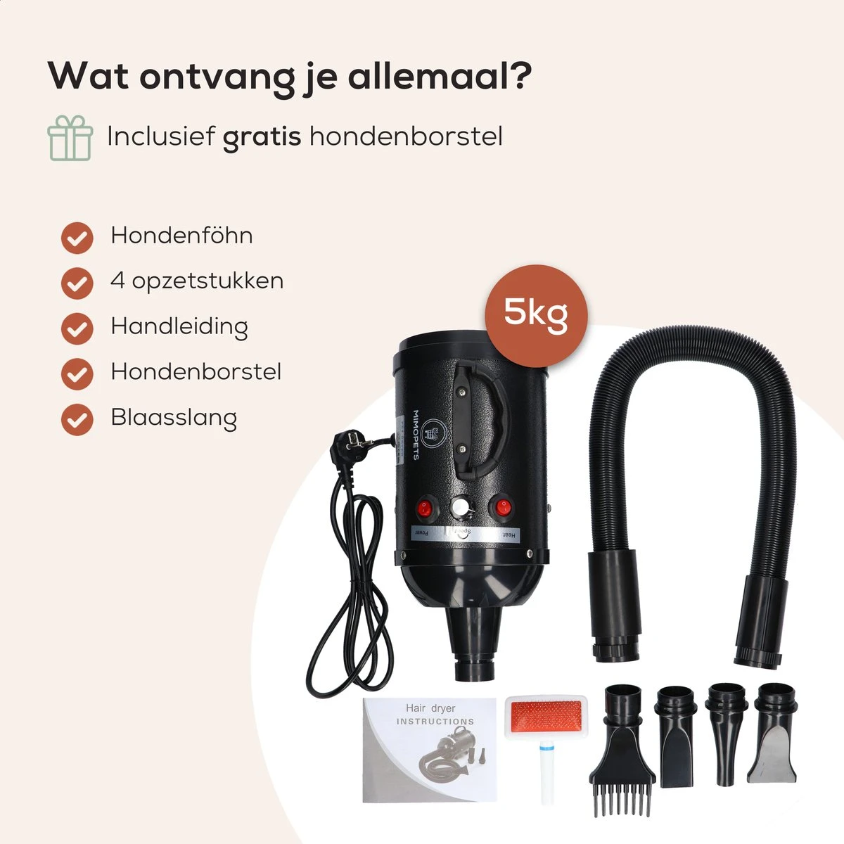 MiMOPETS® Hondenföhn Met 4 Opzetstukken – Waterblazer Voor Honden Met Geluiddemper -Hondendroger - Zwart - Afbeelding 6