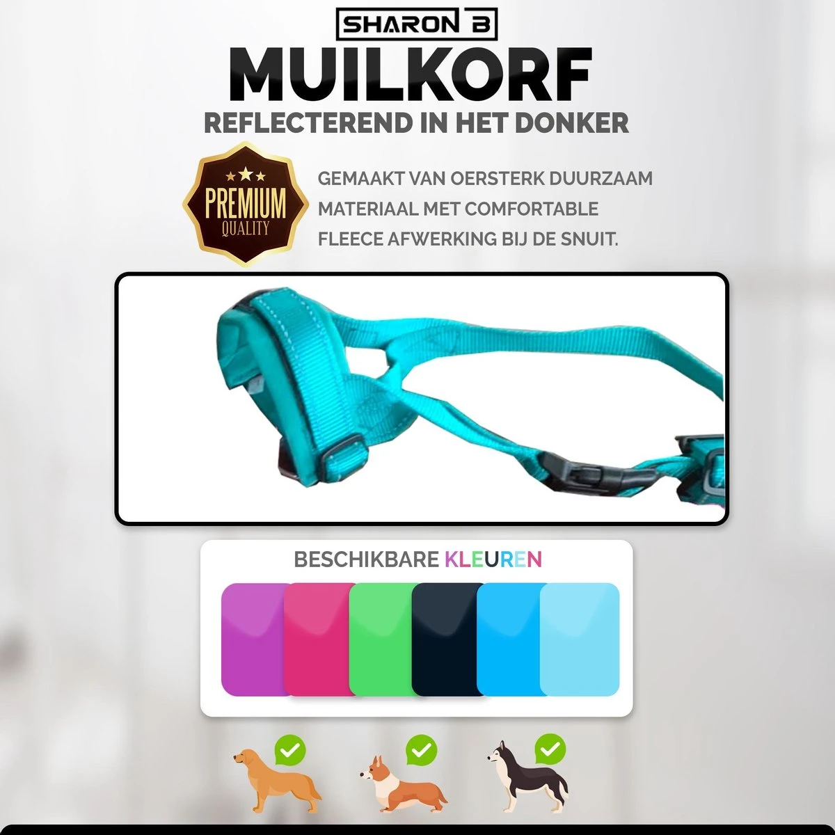 Sharon-B Muilkorf Turquoise Maat S - Fleece - Reflecterend - Kleine Hond - Afbeelding 2