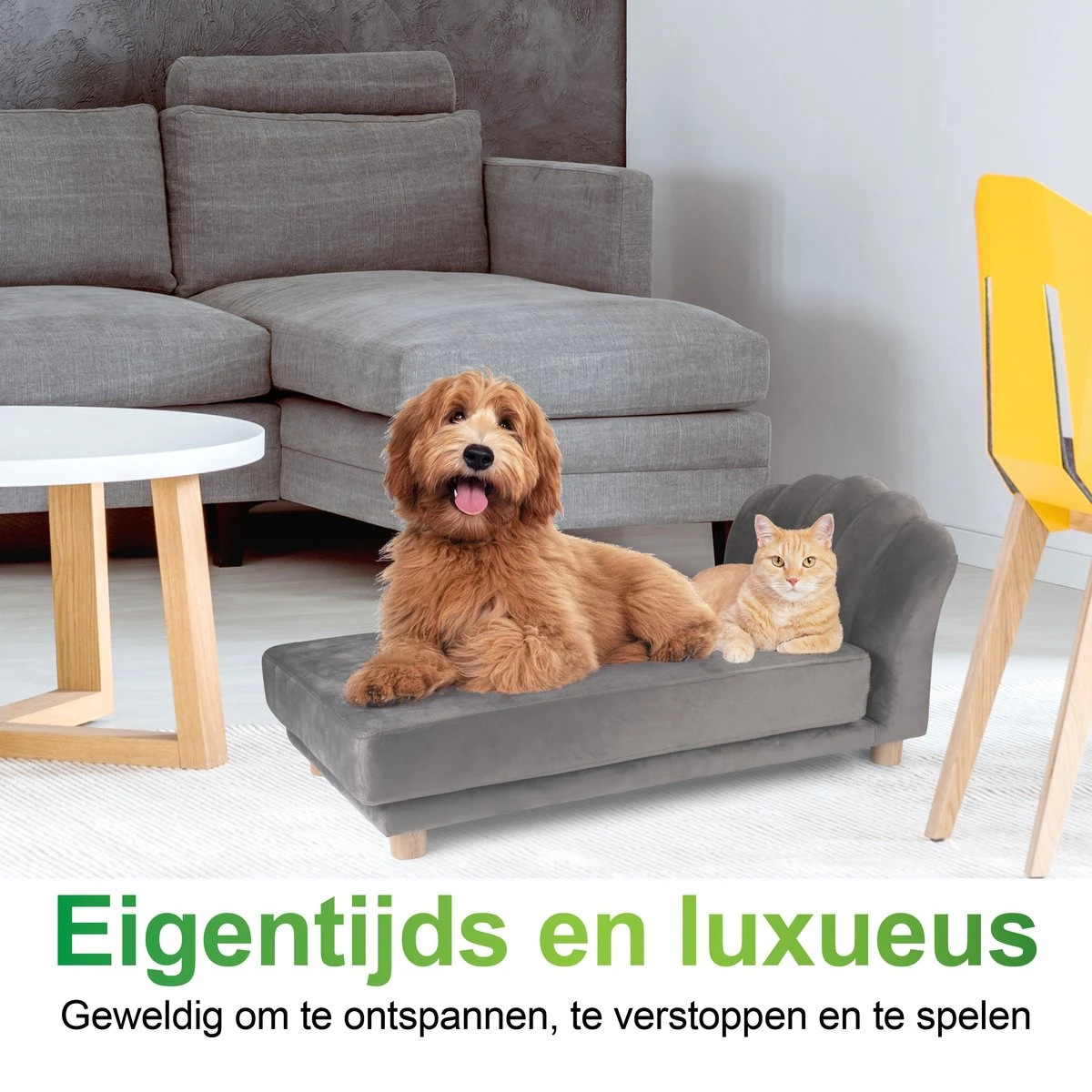 Maxxpro Katten- En Hondenbank - Grijs - Verhoogd Met Houten Poten - Fluweel Materiaal - 90 X 44 X 34 Cm - Huisdieren Tot 80 KG - Afbeelding 4