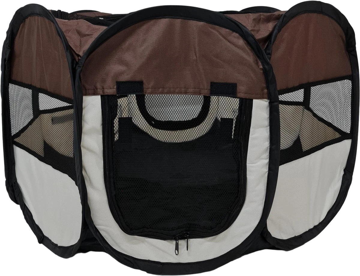 Dailyibed Opvouwbare Puppyren - Bruin - 115x115x58 Cm - Incl. Draagtas - Incl. Voederbak