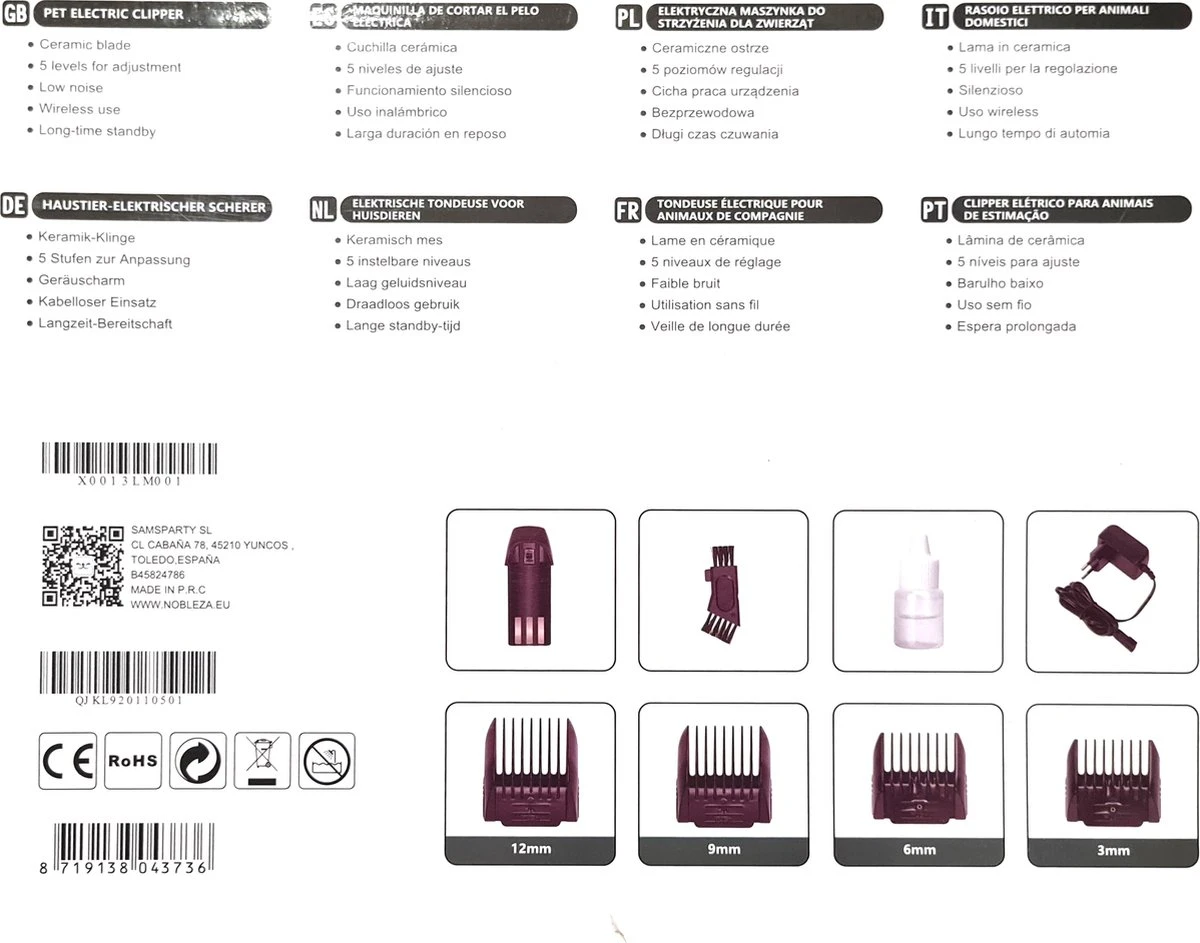Nobleza Dieren Tondeuse Set - 4 Opzetkammen - Draadloos - Voor Huisdieren Katten & Honden - Afbeelding 8