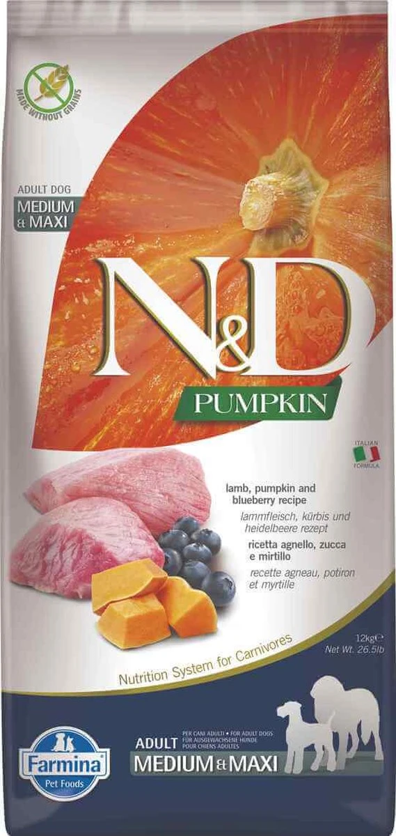 FARMINA N&D GF PUMPKIN DOG LAMB&BLUEBERRY ADULT MEDIUM/MAXI 12 KG - Afbeelding 2
