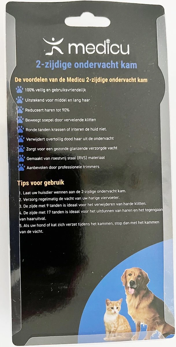 Hondenkam 2-Zijdige Voor Ondervacht - Kattenkam - Voorkomt Haaruitval - Verwijdert Klitten - MEDICU ® Premium Quality - Afbeelding 2